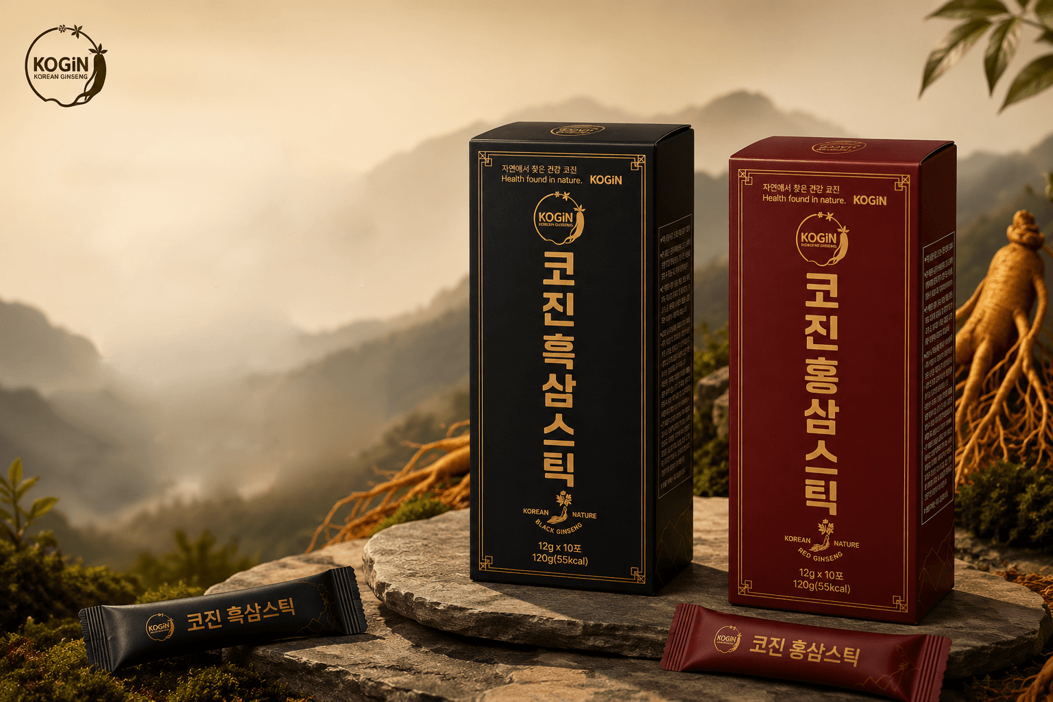 산 배경에 놓인 코진 흑삼스틱과 홍삼스틱 제품 패키지